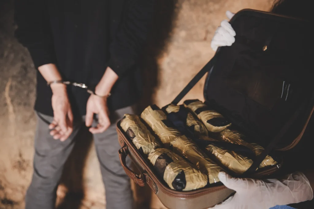 A handcuffed man behind a briefcase of drugs.