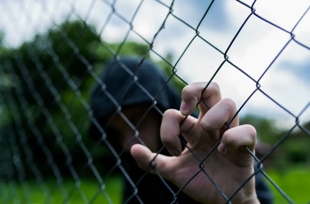 A teenager holding onto a fence.