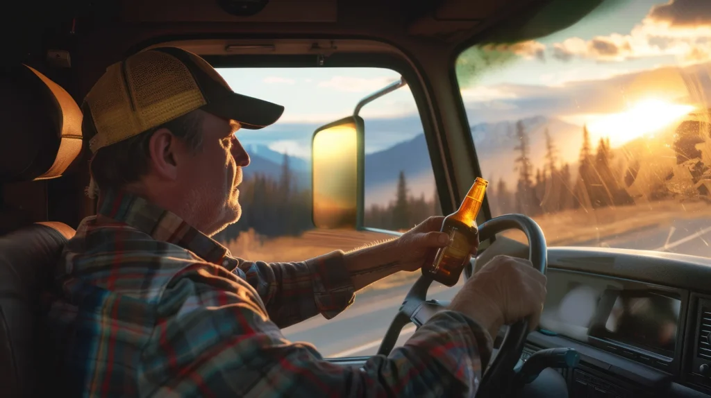 A truck driver drinking while he drives.