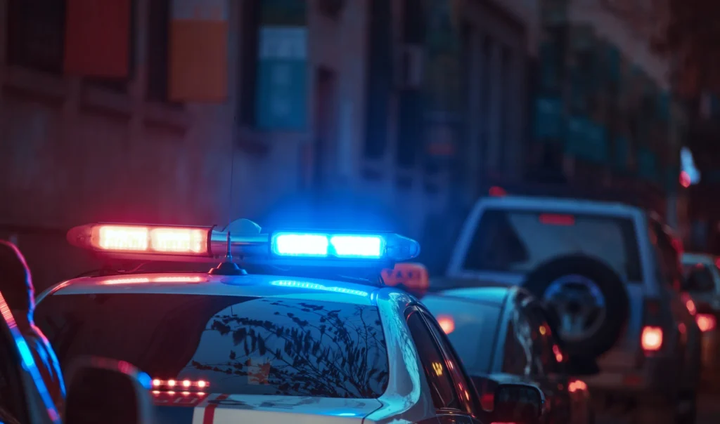 A cop car with its light on.