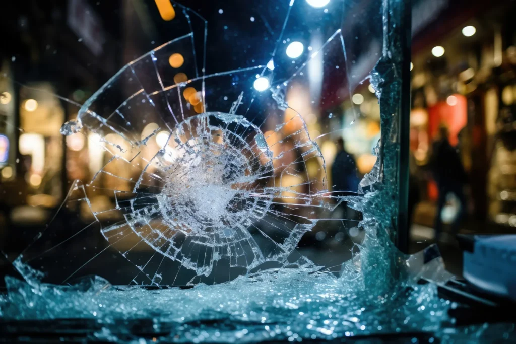 A shattered window caused by vandalism.