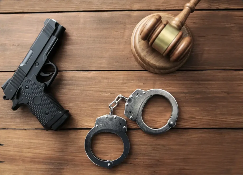 A gun, handcuffs and gavel sitting on a table.