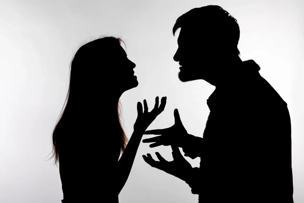 A silhouette of a man and woman fighting.