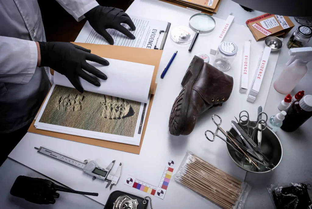 An investigator working on a case with all the evidence on the table.