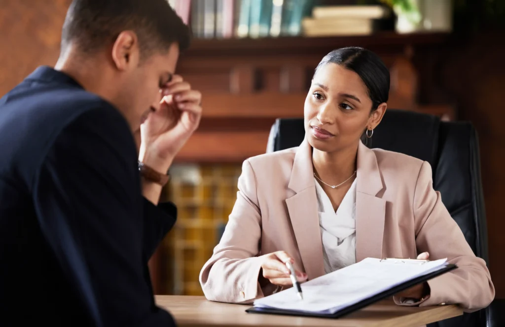 A compassionate attorney showing where her client needs to sign on papers on a clipboard.