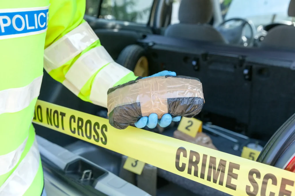Police officer holding a package of suspected drugs at a crime scene near a vehicle, marked with evidence tags and crime scene tape.
